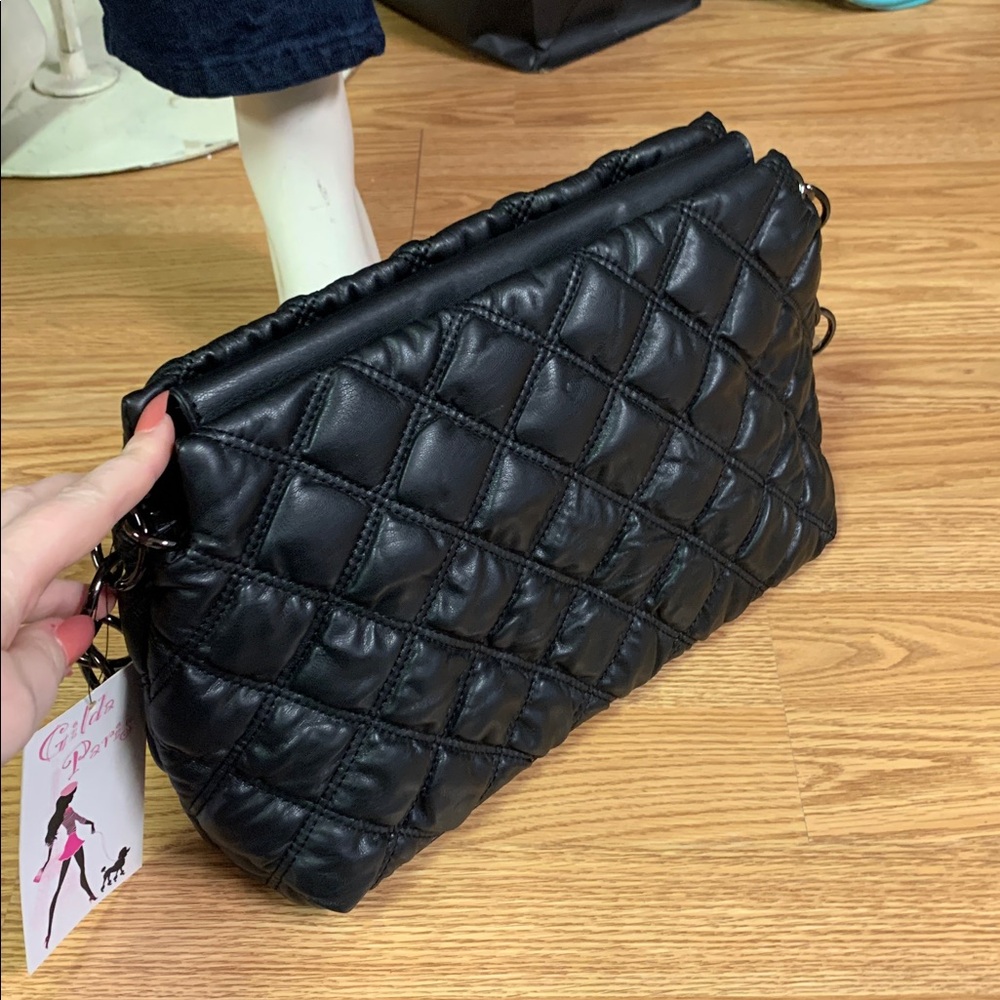 Gilda Paris Elegant Black Quilted Women's Bag waffle chain new - Picture 4 of 6